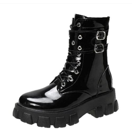 Platform Patent Leather Boots New Rivet Women Autumn Punk Motorcycle Boots Block Heel Gothic Platform Shoes Women Ankle Boots