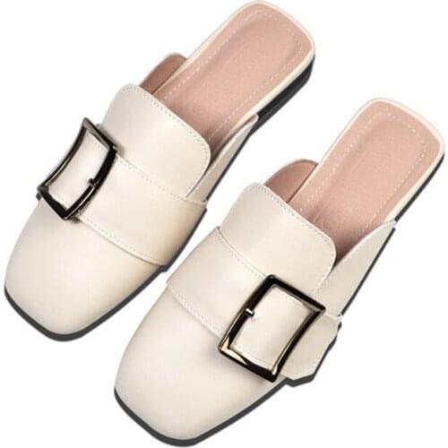 Womens Summer Leather Slippers Casual Metal Buckle Mules Shoes Women Slides Size 32-43 Low Heel Suede Sandals Outdoor Flip Flop