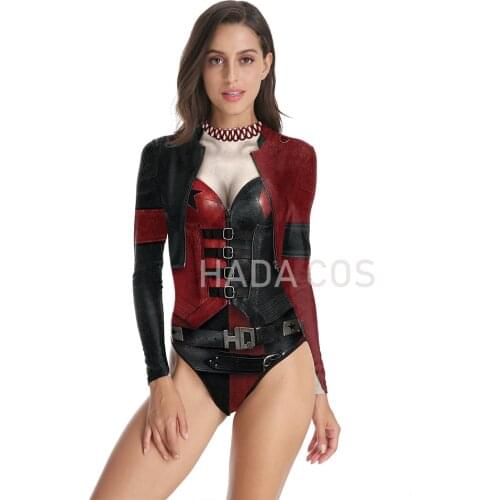 Harley Suicide Quinn Printed Squad Women One-Piece Swimsuit Summer Casual Long Sleeve Beachwear Bathing Suit Sexy Tight Swimwear