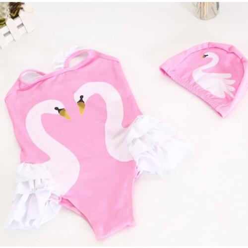 2021 New Fashion Small Fresh Girls 5-37.5 Kg Small, Medium and Big Childrens One-piece Swimsuit Cartoon Swan Swimsuit