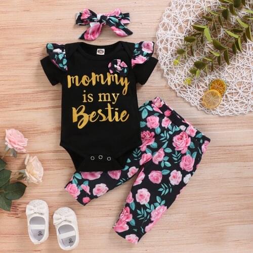 0-24M 3Pcs Newborn Baby Girl Clothes Set Baby Clothing Short Sleeve Romper Rose Floral Print Pant Toddler Girls Cotton Outfit