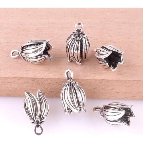 30Pcs/Lot Ethnic 3D Flower Bud Caps Beads Cap Charms Making Metal Plant Pendant Necklaces Women Gift Jewelry Supplies