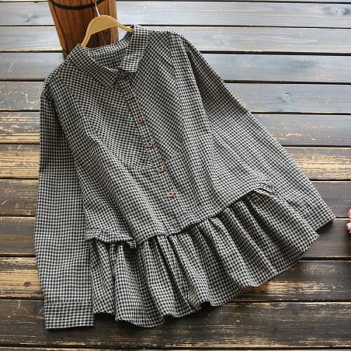 7472 New Spring Women Shirt Literary vintage Cotton and linen Plaid Turndown Collar Long Sleeve Loose Blouse Tops Women