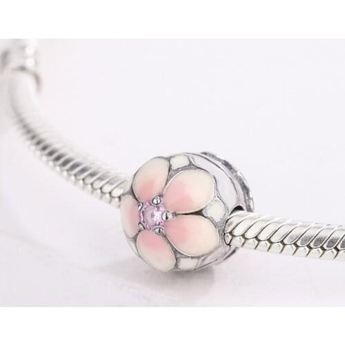 925 Sterling Silver Pink Daisy Flower Red CZ Zircon Pendant Charm Bracelet DIY Jewelry Making For Original Pandora