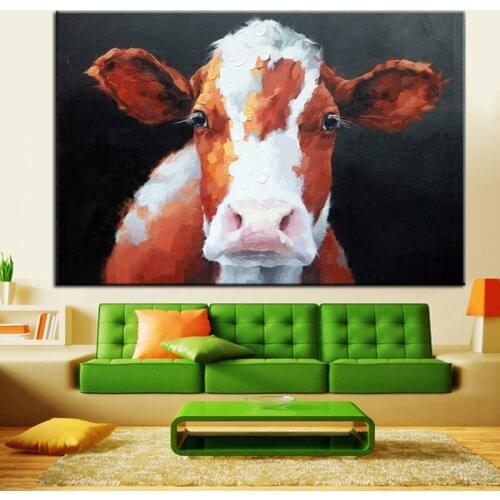 White Brown Cow Acrylic Painting Hand Painted Modern Abstract Animal Paintings on Canvas Wall Art Picture Home Decoration Unfram