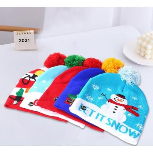 Children Christmas Beanie Hat Adult Knitted Winter Warm LED Plush Ball Xmas Hat Creative Parent-child Festival Party Hat