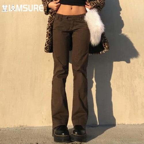 IAMSURE Brown Vintage Slim Elastic Jeans Female Autumn Winter Low Waisted Trousers Casual Streetwear Prairie Chic Y2K Aesthetic