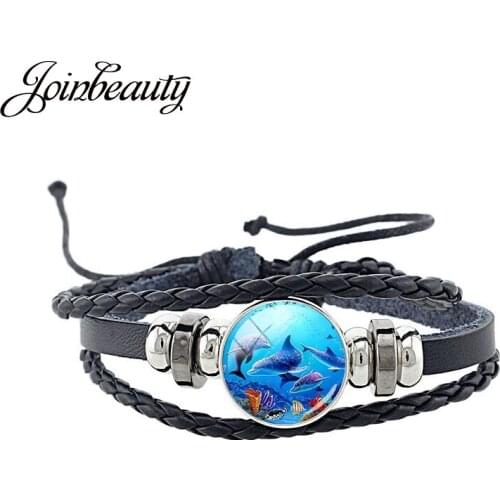 JOINBEAUTY Punk Style Leather Bracelet Lovely Dolphin Picture Black Braided Leather Bracelet Glass Dome Jewelry Bracelet ZZ132