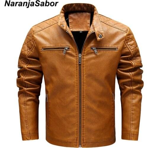 NaranjaSabor Mens Fleece Thick Leather Jacket Men 2021 New Style Winter Warm Faux Leather Outerwear Male Brand N742