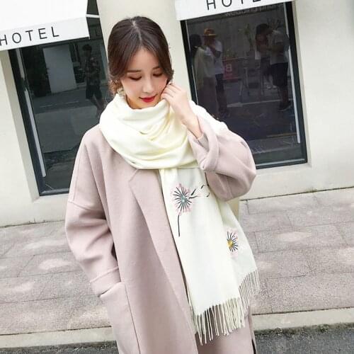 Autumn Winter Female Dandelion Embroidery Scarf Women Cashmere Scarves Long Shawl Wrap Blanket Warm Tippet wholesale