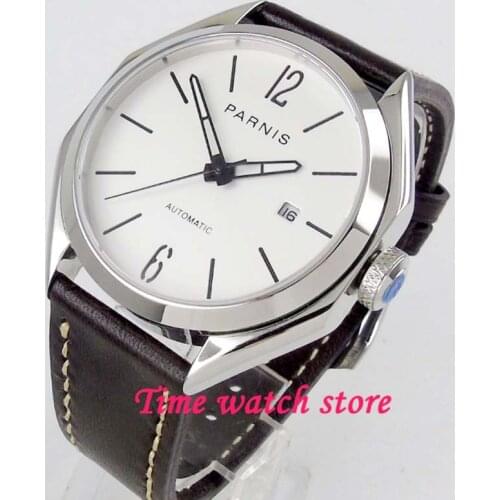 PARNIS 43mm 21 jewels Miyota automatic watch men waterproof leather strap white dial sapphire glass