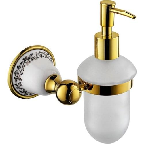 Luxury brass ceramics Wall Mounted Liquid Soap Dispenser With Gold Finish+Frosted Glass Container/bottle Bathroom products