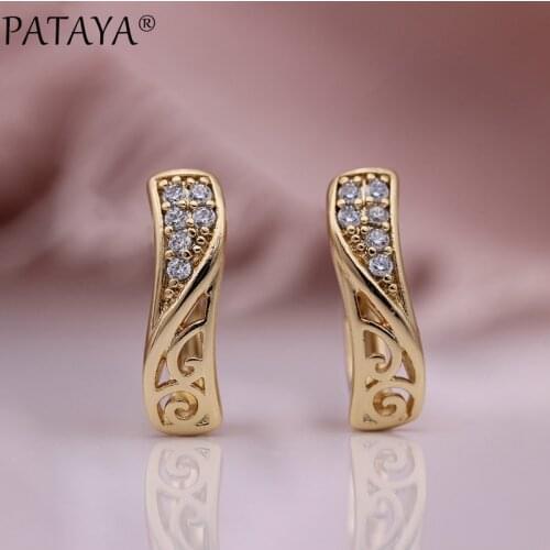 PATAYA New Simple Dangle Earrings Women Fashion Hollow Earrings 585 Rose Gold White Round Natural Zircon Curved Wedding Jewelry