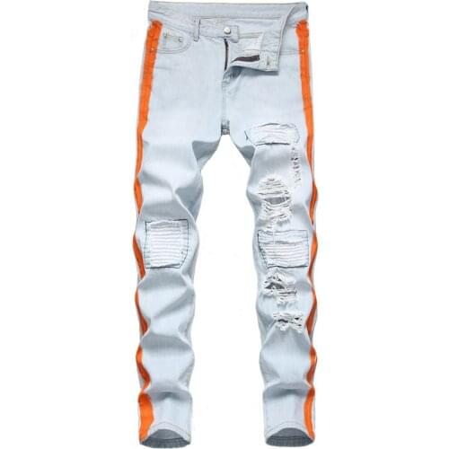 Light Blue Stretch Denim Pant 2021 Spring Patchwork Biker Jean Mens Stripe Lines Painted Ripped Jeans Streetwear Pantalon Homme
