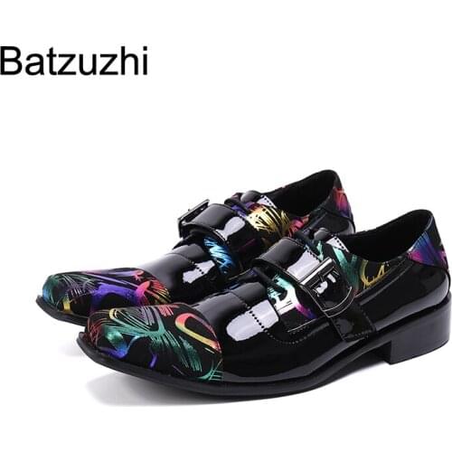 Batzuzhi New Fashion Mens Shoes Square Toe Black Leather Dress Shoes Men Buckles Formal Business/Party and Wedding Shoes Men