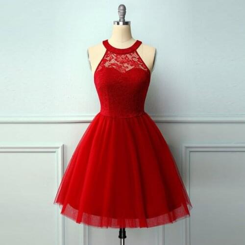 Vintage Red Dresses Halter Neck Sleeveless Lace Prom Gown A-Line Tulle Knee-Length Party Dresses Graduation Gowns Cocktail Dress