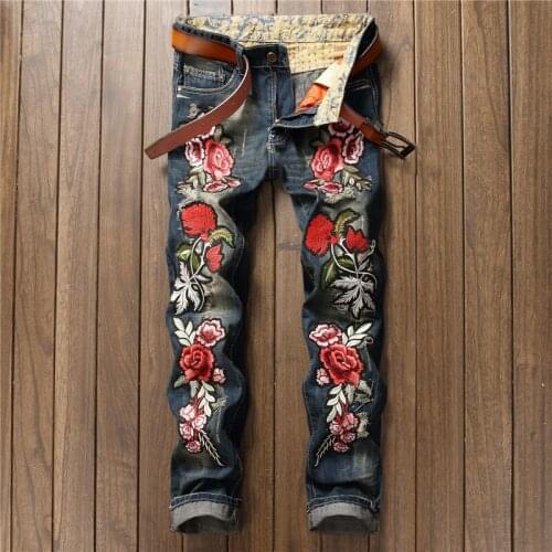 Rose Embroidery Men Denim Jeans Full Sleeve Pleated Floral Bleached Straight Distressed Male Cowboy Washed Retro Fashion