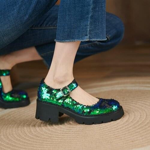 Womens Sequins Bling Creepers Block Heel Platform Shoes Sandals Casual Gothic Oxfords Retro 4Colors Plus Size New 2021