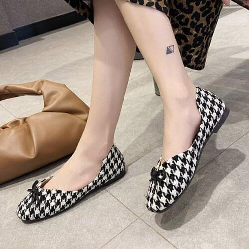 Spring Autumn Women Flats Plaid Jacquard Fabric Slip on Flats Shoes Woman Boat Shoes Square Toe Bow Ladies Shoes Shallow 8966G