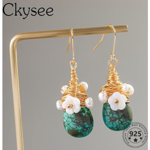 Ckysee Handmate 925 Sterling Silver Earrings Turquoise Pendant Drop Earrings For Women Fashion Earrings All-Match Fine Jewelry