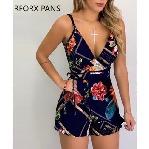 Women V-neck Sleeveless Floral Printed Sling Romper Summer Sexy Romper