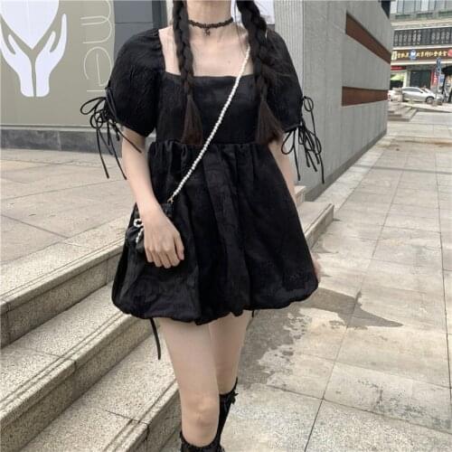 Kawaii Sweet Cute Retro Doll Dress Women Pettiskirt Short Sleeve Square Collar Bandage Lolita Dresses 2021 Summer New Puff Dress