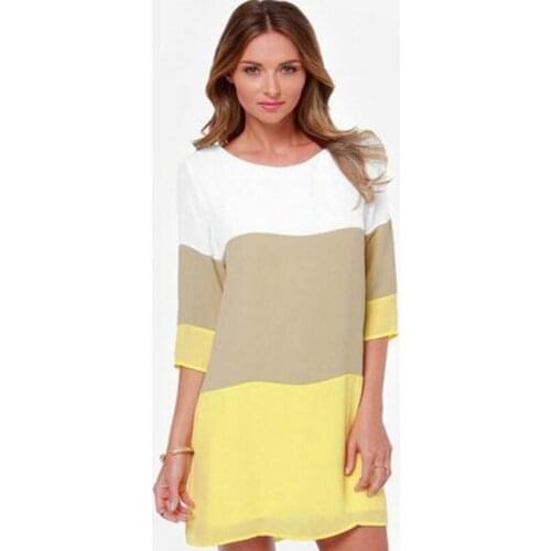 Fresh Spring Style Summer Ladies Colors Patchwork Casual Dresses Three Quarter Sleeve Mini Dress Shift Dress Crew Neck Colorful
