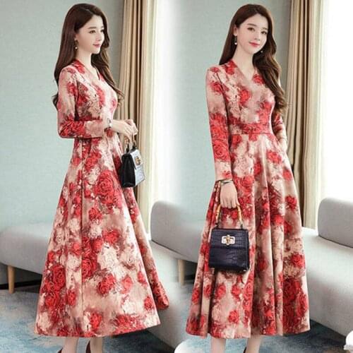 2019 autumn new long-sleeved V-neck dress long dress high dress was thin temperament printing ladies clothing sexy dress