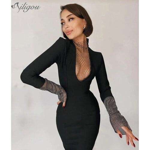 Ailigou New Ladies Dress Shiny Crystal Fishnet Cutout Design Long Sleeve Celebrity Cocktail Party Club Bandage Black Mini Dress