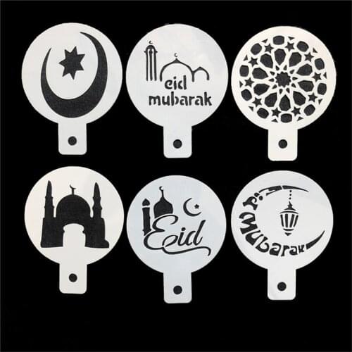 Aomily 6pcs/Set Eid Mubarak Cupcake Cake Stencils Ramadan Decoration Islamic Holiday Coffee Stencils Gadgets Cake Baking Tools