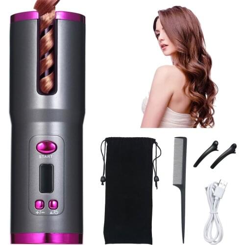 Cordless Automatic Hair Curler With 6 Temperature & Timer LCD Display USB Rechargeable Automatic Curling Iron Fast Heating
