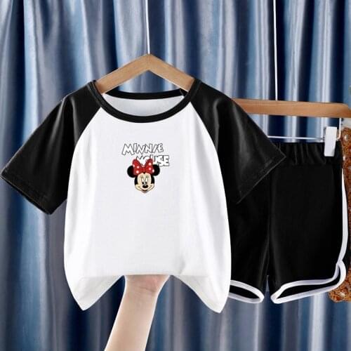 Childrens Suit 2021 Summer New Toddler Girl Cotton Short Sleeve T-shirt + Pants 2pcs Cartoon Disney Minine Girls Clothing Sets