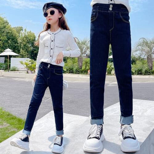 Kids Jeans for Girls Spring Autumn Dark Blue High Quality Children Slim Skinny Turnup Pants Casual Trousers Teenager Girls Jeans