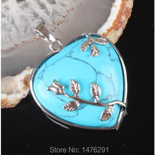HOT Blue Howlite Stone Heart Shaped Bead Inlaid Flower Jewelry Pendants 1PCS