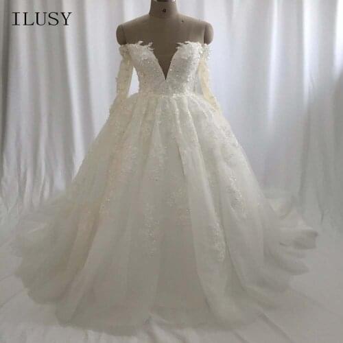 ILUSY vestido de noche 3D-floral Flowers lace Wedding Dress Beads Crystals Half Sleeve Tulle Wedding Gowns For Bride