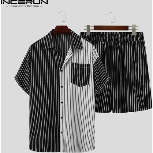 INCERUN 2021 Striped Patchwork Men Sets Streetwear Lapel Short Sleeve Shirt Beach Shorts Summer Fashion Casual Mens Suits S-5XL