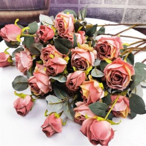 6Pcs Fake European Rose (3 Heads/Piece) 19" Length Simulation Autumn Roses for Wedding Centerpiece