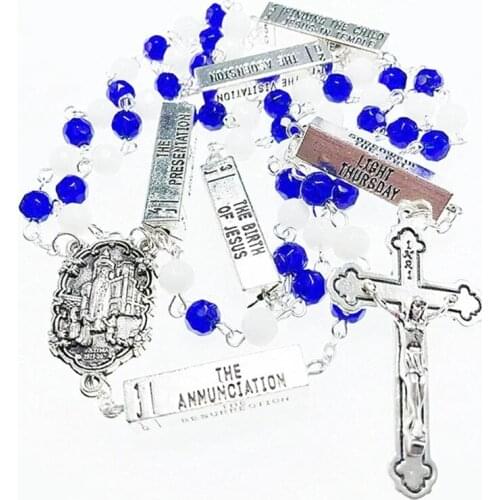 Catholic Religious Jewelry Glass Rosary Beads With Blue And White At Fatima Center Cross Pendant Necklaces