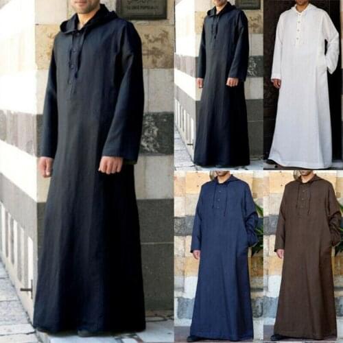 Muslim Mens Hooded Saudi Arab Middle East Thobe Islamic Jubba Robe Solid Kaftan