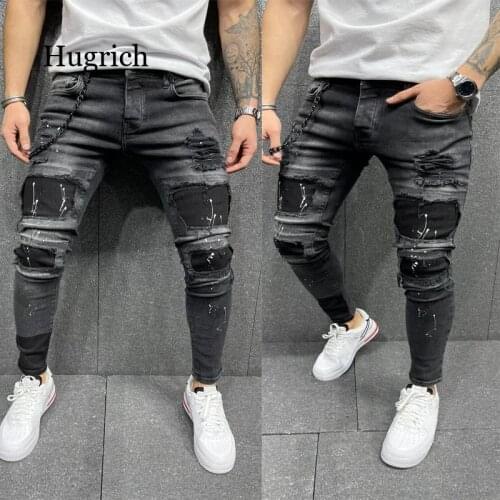 Men Ripped Skinny Jeans Biker High Quality Black Distressed Slim-Fit Pencil Pants Locomotive Zipper Denim Pants Hip Hop Trousers