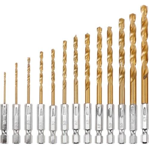 13pcs Titanium HSS Coated Drill Bit Set 1/4 Hex Shank 1.5-6.5mm Twist Drill Bit HSS High Speed Steel 2020 New