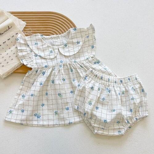 New 2021 Summer Children Sleeveless Grid Floral Top + Shorts Suit 2Pcs Kids Baby Girl Clothes Suit Infant Baby Girl Sets