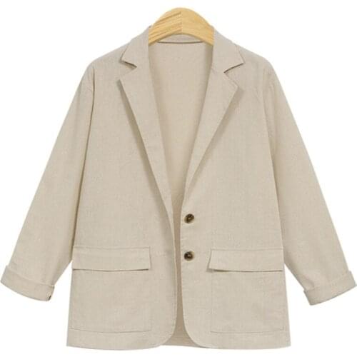 Autumn Women Jacket & Blazer Female Notched Collar Coffee/Apricot Casual Long-Sleeve Pocket Two Buckle Woman Cotton Blazer Coat