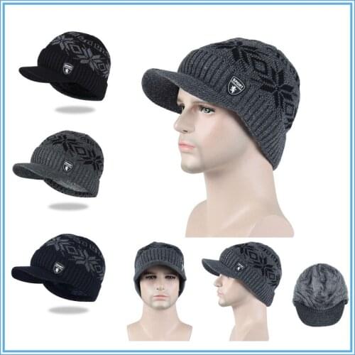 Plus velvet Knitted Hat Winter Hats For Men Skullies Beanies Warm Cap Men Baseball Cap Snowblack Printed Skiing Peaked Caps