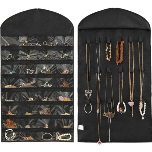 Hot Hanging Storage Necklace Ring Earring Jewelry Organizer 32 Pockets 18 Hook Double Sided Holder Wardrobe Display Large Bag