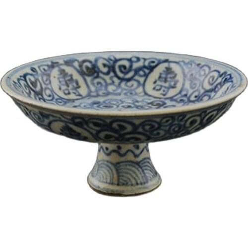 Shou civilization blue and white footed bowl fruit porcelain hand painting folk collection Pan Gu Dong