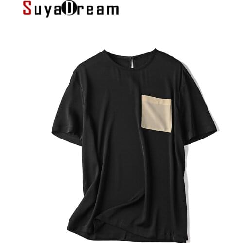 SuyaDream Women Silk Tee Real Silk O Neck Short Sleeves Chest Pocket Chic T Shirt 2021 Autumn Summer Tee Black