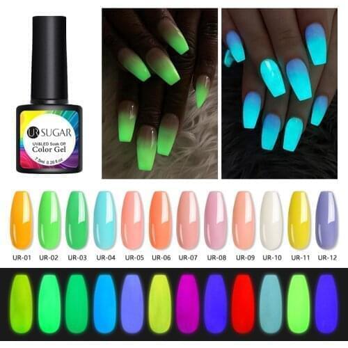 UR SUGAR 7.5ml Luminous Nail Gel Glow In Dark Fluorescent Neon UV LED Semi Permanent Soak Off Gel Nail Varnish Top Base Coat