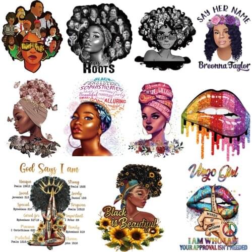 Flower Black Girl Thermo Heat Transfer Sticker On Clothes DIY Women T-Shirt Iron On Patches For Clothing Sex Lips Applique Decor