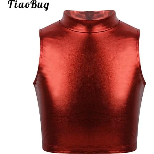 TiaoBug Kids Girls Metallic Sleeveless Turtleneck Crop Tank Tops Clothes Costume For Ballet Dance Stage Performance Workout